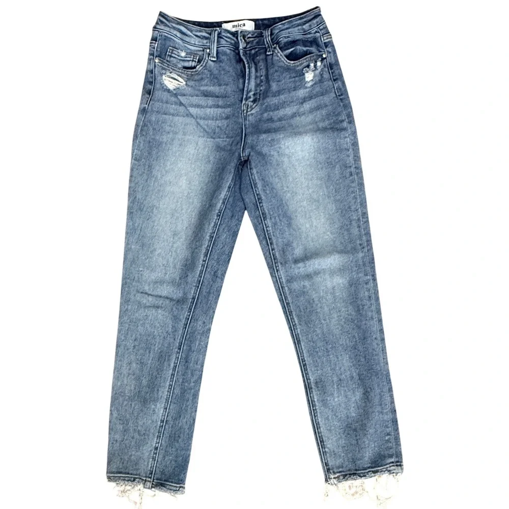 Mica Denim Jeans Womens 25 Blue Straight Leg Distressed Raw Hem High Rise‎